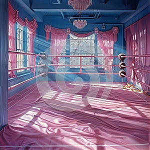 A striking pink and blue boxing ring illuminated by a luxurious chandelier, ready for combat in a dramatic setting