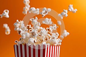 Striking popcorn explosion from striped box against vibrant orange backdrop, entertainment themes