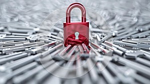 A striking red padlock stands out among silver keys, representing security and individuality in a sleek 3D rendering