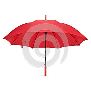 A striking red umbrella stands open, isolated against a pristine white background in this ai generated image isolated on white