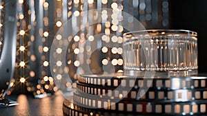 A striking silver podium stands in front of a cascading film strip giving a nod to the glamour and elegance of