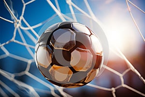 Striking success Soccer ball beautifully nestles into the goal net