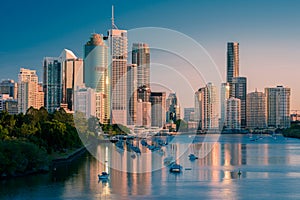 A striking sunrise view of downtown Brisbane, South East Queensland, Australia.