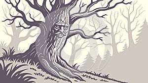 Ancient Gnarled Tree Mystical Forest Landscape Vector, vector design Generative AI