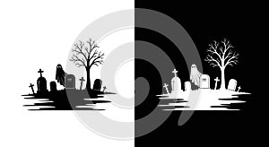 Halloween Graveyard Silhouette with Ghost and Bare Tree - Black and White Vector Illustration