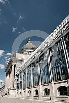 Historic and Modern Architecture Fusion under Blue Sky