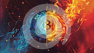 Bitcoin Symbol Between Fire and Ice