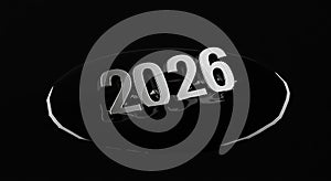 Futuristic 2026 chrome text on dark liquid surface