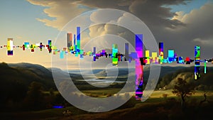 Abstract Digital Data Stream Over Serene Natural Landscape