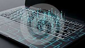 Digital Data Flow: Laptop Keyboard with Glowing Lines and Binary Code
