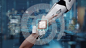 Futuristic Collaboration between Human and Robot with Advanced Technology and Digital Interface Representing Artificial