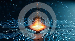 Advanced Microchip Technology with Glowing Core and Circuit Board Connection Visual Representation