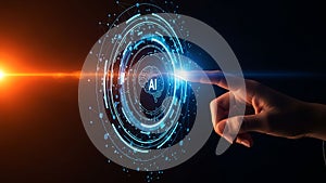 Artificial intelligence brain concept with human hand touching hologram interface on dark background technology solution