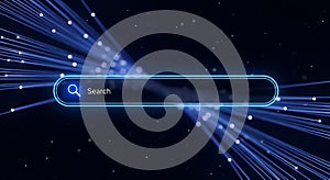 Futuristic blue search bar with data streams