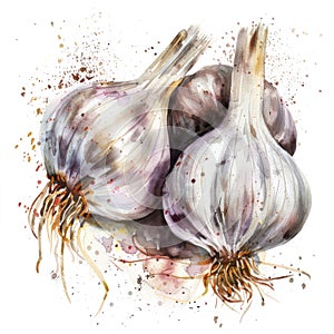 A striking watercolor depiction of garlic bulbs with earth-toned splashes