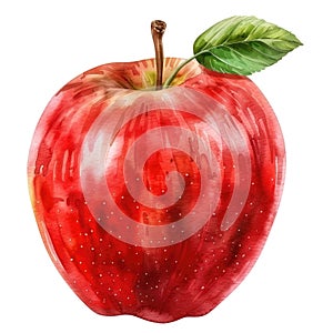 A striking watercolor illustration of a ripe apple with a vibrant green leaf