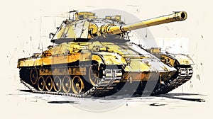 A striking watercolor sketch of a tank with yellow gray lines