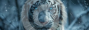 Striking white tiger portrait with vivid blue eyes in jungle, a photorealistic masterpiece