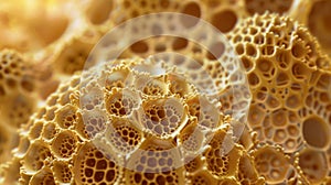 A strikingly detailed image of a pollen grain showcasing the delicate and labyrinthine network of pores and ridges