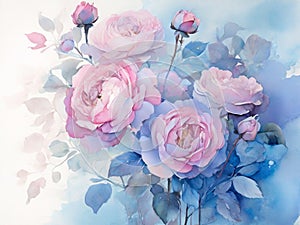 A strikingly vibrant painting of pink and light blue flowers