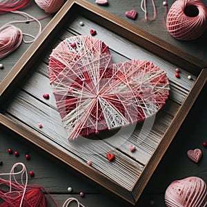 String Art Heart in a Wooden Frame on Dark Background