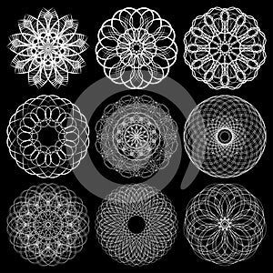 String art. Sacred geometry. Spirograph and black background. Vector elements set.