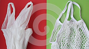 A string bag against plastic bags on a red and green background. Zero waste modern trendy concept, eco-friendly