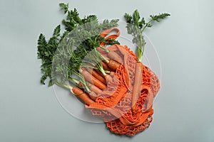 String bag with carrot on light gray background