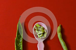 String beans seeds closeup on isolated red background