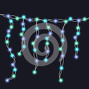 String blue garland isolated on black background. Vector illustration of Christmas, New Year party decoration with transparency.