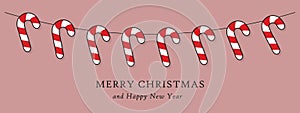 string of candy canes, merry christmas and happy new year greeting card, candycane winter holiday vector design