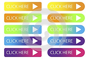 String click here. Colored push button. Graphic line for the site. Set of colored buttons. Vector illustration