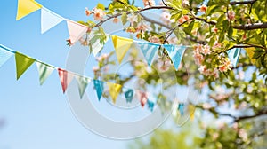 string of colorful pennant against blue sky in the garden