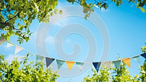 string of colorful pennant against blue sky in the garden