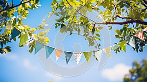 string of colorful pennant against blue sky in the garden