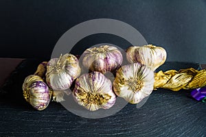 String of garlic, landscape, dark background