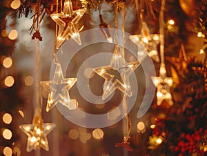 String of Glowing Star-Shaped Lights Hanging from Tree Branch