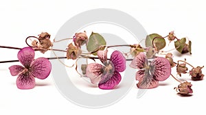 String of Hearts plant with dried pink flowers isolated on white background