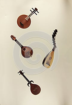 String instruments - rebab, theorbo, yueqin and mandoline isolated against light background photo