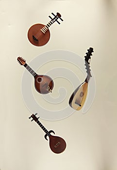 String instruments - rebab, theorbo, yueqin and mandoline isolated against light background