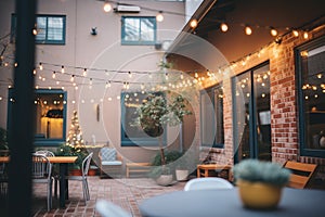 string lights crisscrossed over a courtyard space