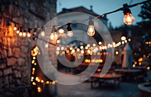 String lights illuminating outdoor restaurant patio at dusk