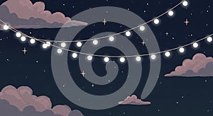 String lights are suspended in a night sky, casting a soft glow. Pinks and purples photo