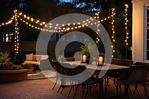 string lights woven through an outdoor patio