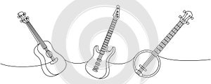 String musical instruments one line continuous drawing. Acoustic guitar, electric bass guitar, american banjo continuous