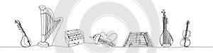String musical instruments set one line art. Continuous line drawing of kobza, bandura, lute, sitar, harp, musical, lira photo