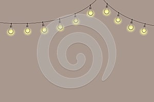 string of outdoor lights, light bulb garland, black line isolated vector decoration, holiday lamps for wedding or