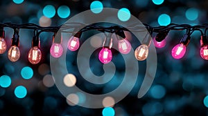 A string of pink and blue light bulbs hanging from a string of lights
