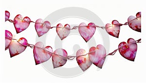 a string of pink hearts hanging from a string of red string lights on a white background with a white background and a red string