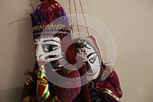 String puppets Kathputli displayed at a shop in Jaipur outside City Palace. This form of puppetry is native to Rajasthan and is